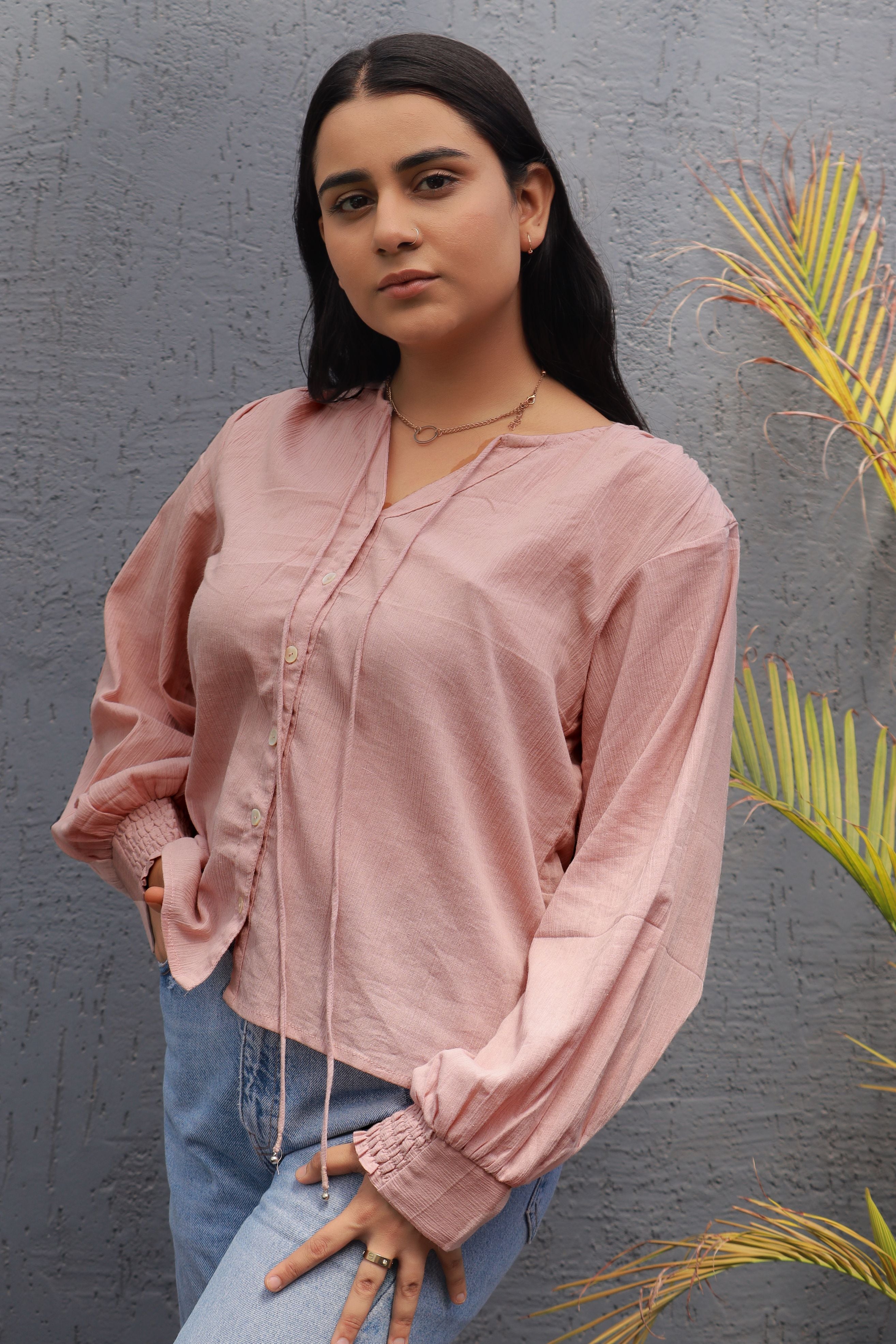 Nikhat- Smocked Cuff Crinkled Texture Top