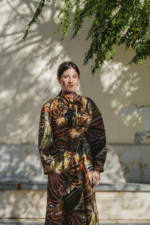 Safari - Satin Fabric Full Length Balloon Sleeves Dress - Image 2